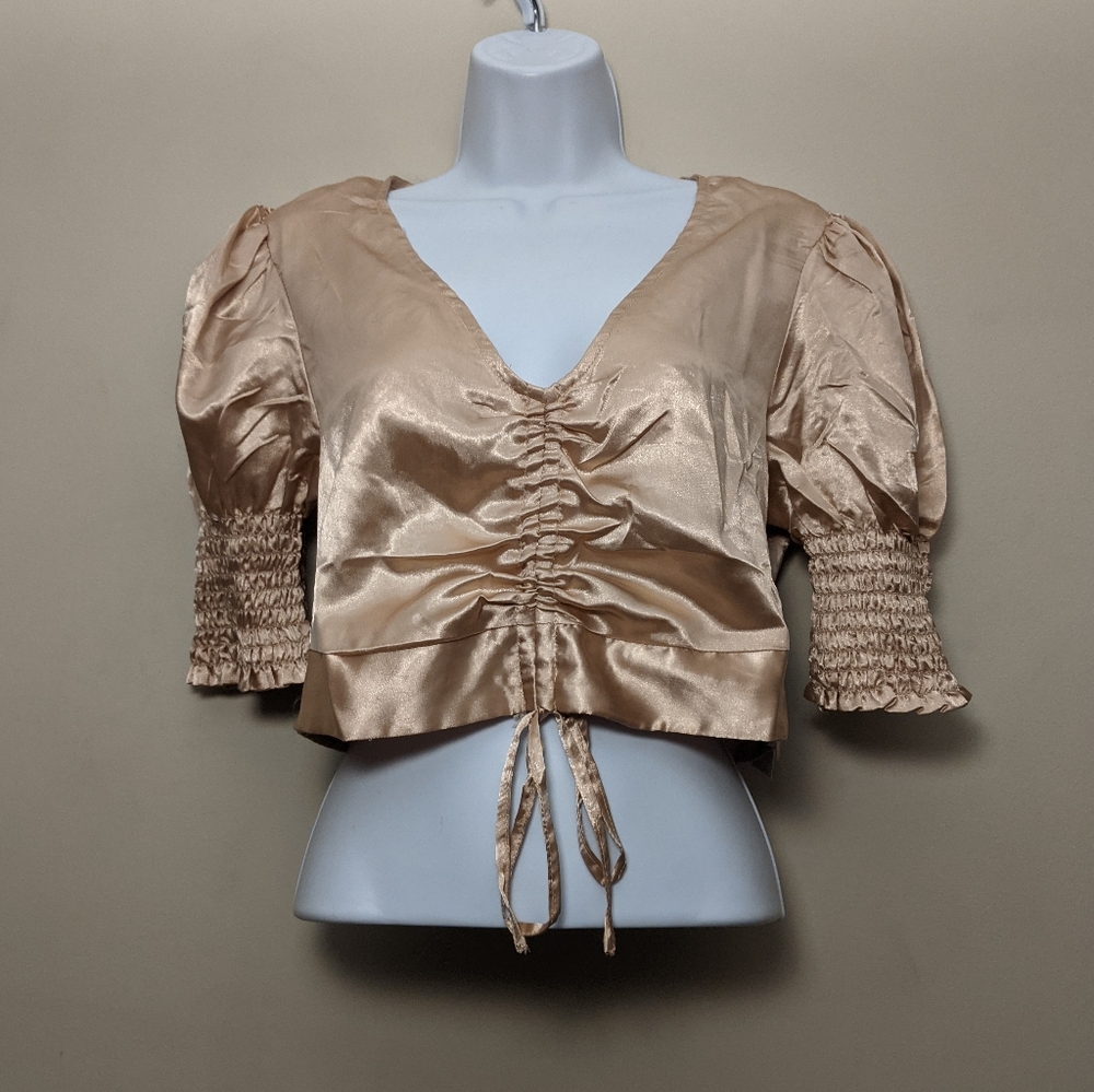 girl soul Pink Satin Puff Sleeve Crop Blouse L